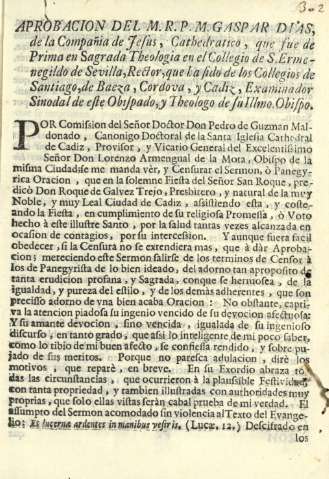 Aprobacion del M.R.P.M. Gaspar Dias, de la Compañia de Jesus, Cathedratico, que de Prima en Sagrada Theologia ...