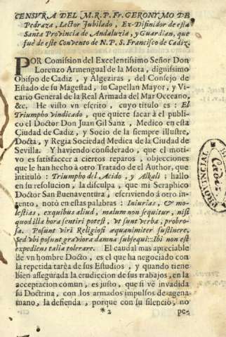 Censura del M.R.P.Fr. Geronymo de Pedraza, Lector Jubilado, Ex-Difinidor de esta Santa Provincia de Andaluzia ...
