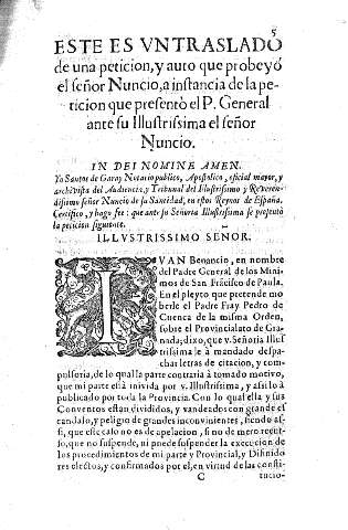 Este es un traslado de una peticion, y auto que probeyó el señor Nuncio, a infanta de la peticion que presentó el P. General ante su ilussima el señor Nuncio.