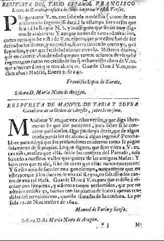 Respuesta del tasso español Francisco Lopez de Zarate, ... Respuesta de Manuel de Faria y Sousa