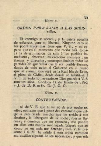 Núm. 1. Orden para salir a las guerrillas. N. 2. Contextacion