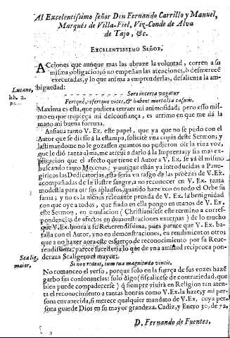Al Excelentissimo Señor Don Fernando Carrillo y Manuel, Marqués de Villa-Fiel, Viz-Conde de Alva de Tajo