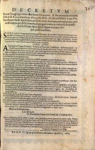 Decretum Sacrae Congregationis ... D.N. Alexandro Papa VII. Sanctaque Sede Apostolica ad Indicem Librorum, eorumdemque permissionem, prohibitionem, expurgationem in vniuersa Republica Christiana specialiter deputatorum vbique publicandum