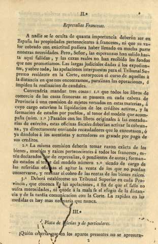 IIº. Represalias Francesas. IIIº. Plata de Iglesias y de particulares