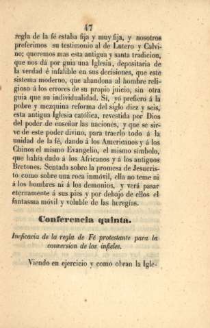 Conferencia quinta. Ineficacia de la regla de Fé protestante para la conversion de los infieles