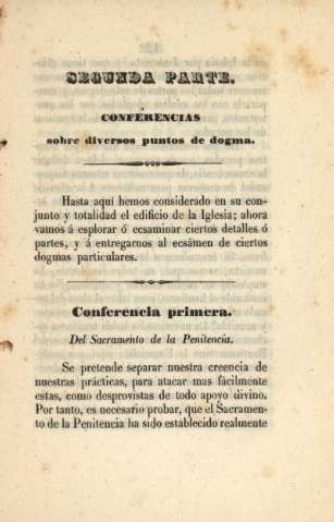 Segunda parte. Conferencias sobre diversos puntos de dogma. Conferencia primera. Del Sacramento de la Penitencia