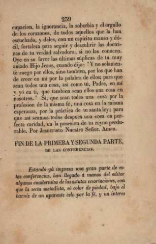 Fin de la primera y segunda parte, de las conferencias