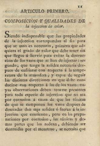 Articulo primero. Composicion y qualidades de la injeccion de color