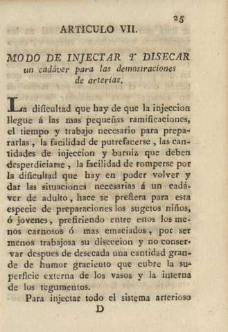 Articulo VII. Modo de injectar y disecar un cadáver para las demostraciones de arterias