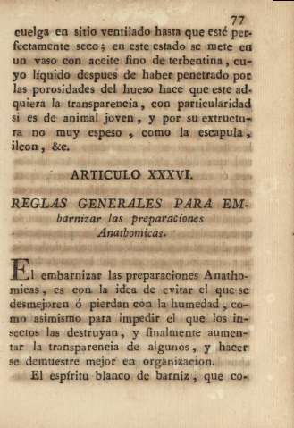 Articulo XXXVI. Reglas generales para embarnizar las preparaciones Anathomicas