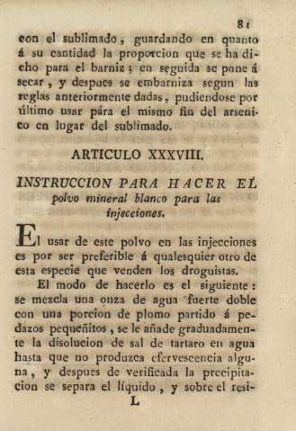 Articulo XXXVIII. Instruccion para hacer el polvo mineral blanco para las injecciones