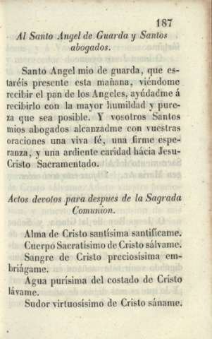Al Santo Angel de guarda y Santos abogados. Actos devotos para despues de la Sagrada Comunión