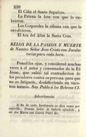 Relox de la pasión y muerte de Nuestro Señor Jesu-Cristo con jaculatorias para cada hora