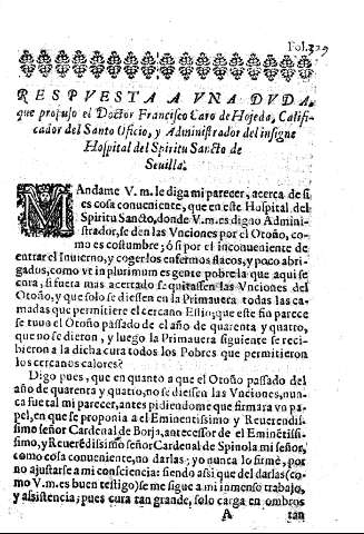 Respuesta a una duda que propuso el Doctor Francisco Caro de Hojeda, ...