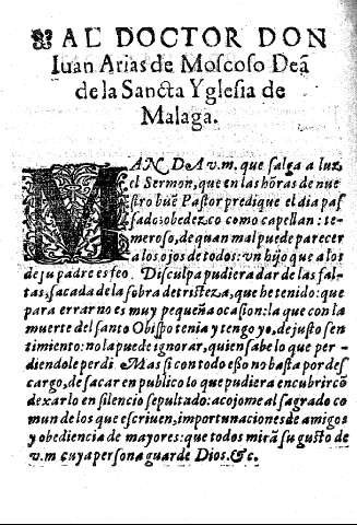 Al doctor Don Iuan Arias de Moscoso Dean de la Sancta Yglesia de Malaga.