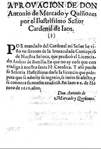 Aprovacion de Don Antonio de Mercado y Quiñones por el Ilustrissimo Señor Cardenal de Iaen.
