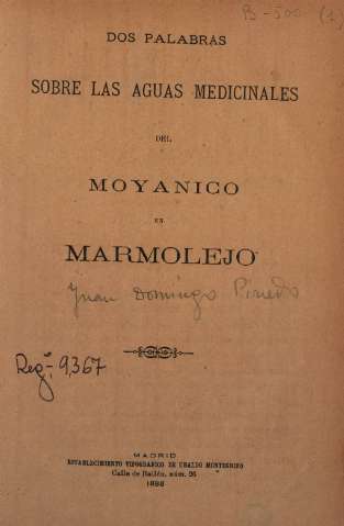Dos palabras sobre las aguas medicinales del Moyanico en Marmolejo