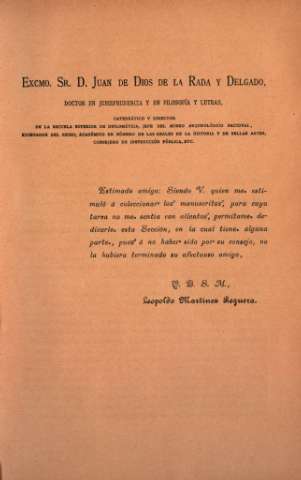Excmo. Sr. D. Juan de Dios de la Rada y Delgado [Dedicatoria]