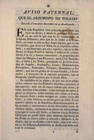 Aviso paternal, que el Arzobispo de Toledo da a los Venerables Sacerdotes de su Arzobispado