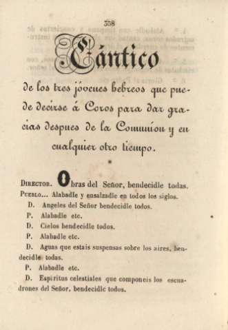 Cántico de los tres jóvenes hebreos que puede decirse á Coros para dar gracias despues de la Comunión y en cualquier otro tiempo