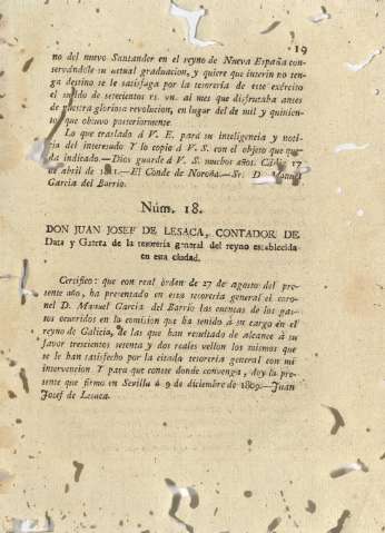 Núm. 18. Don Juan Josef de Lesaca, contador de Data y Guerra de la tesorería general del reyno establecida en esta ciudad