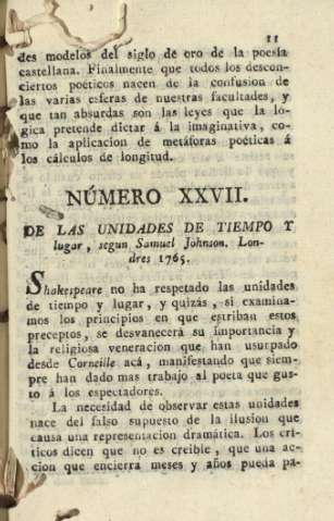 Número XXVII. De las unidades de tiempo y lugar, segun Samuel Johnson. Londres 1765