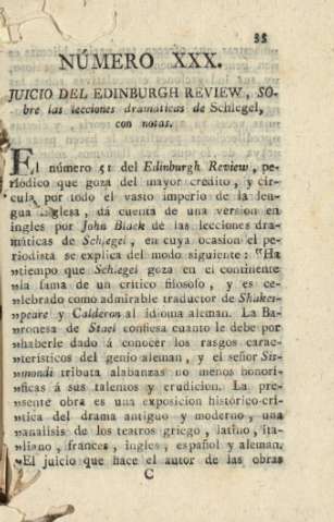 Número XXX. Juicio del Edinburgh Review, sobre las lecciones dramáticas de Schlegel, con notas