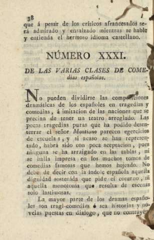 Número XXXI. De las varias clases de comedias españolas