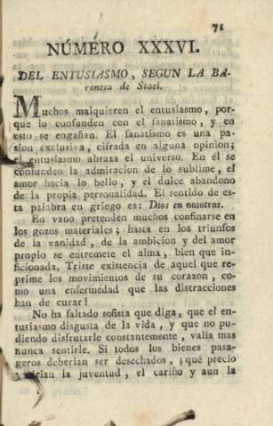 Número XXXVI. Del entusiasmo, segun la baronesa de Stael