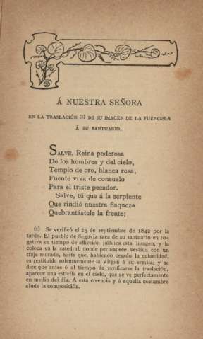 Á nuestra señora en la traslación (I) de su imagen de la Fuencisla á su santuario