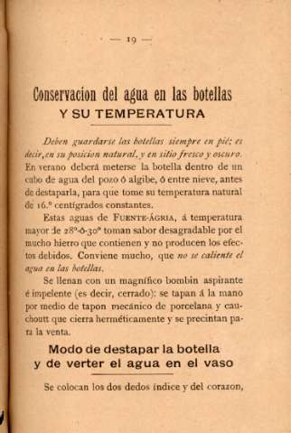 Conservación del agua en las botellas y su temperatura - Modo de destapar la botella y de verter el agua en el vaso