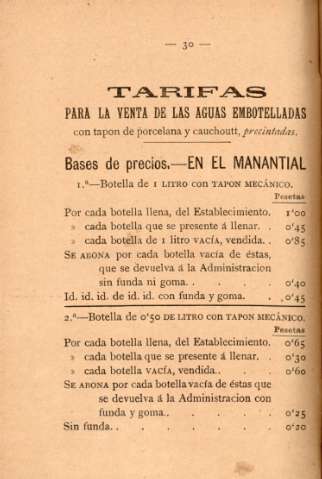 Tarifas para la venta de las aguas embotelladas
