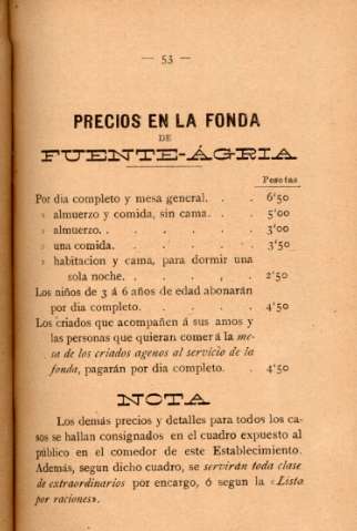 Precios en la fonda de Fuente-ágria