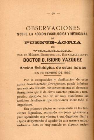 Observaciones sobre la acción fisiológica y medicinal de Fuente-ágria de Villaharta, por el médico-director del establecimiento Doctor D. Isidro Vázquez - Accion fisiológica de estas aguas (en setiembre de 1883)