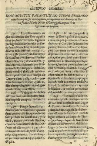 Articulo primero. Don Agustin Palavesin no tiene probado como le compete, ser nieto legitimo por legitimos matrimonios ...