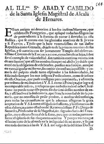 Al Illmo. Sr. Abad, y Cabildo de la Santa Iglesia Magistral de Alcalá de Henares
