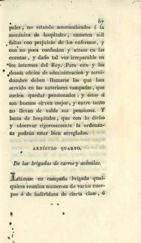 Artículo quarto. De las brigadas de carros y acémilas