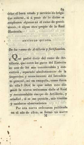 Artículo quinto. De los ramos de Artillería y fortificacion