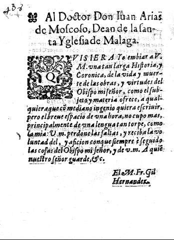 Al Doctor Don Iuan Arias de Moscoso, Dean de la Santa Yglesia de Malaga