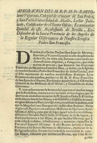 Aprobacion del M.R.P.M.Fr. Bartolomè Vejarano, Colegial de el mayor de San Pedro ...