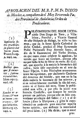 Aprobacion del M.R.P.M. Fr. Diego de Mendoza, compañero de el Muy Reverendo Padre Provincial de Andalucia, Orden de Predicadores