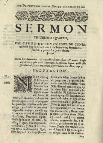 Sermon trigesimo qvarto, del cargo de los pecados de consequencia que se ha de hazer á los Sacerdotes, Superiores, Juezes, y poderosos, en el vltimo Juizio