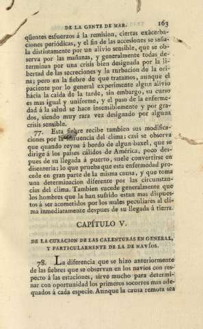 Capítulo V. De la curacion de las calenturas en general, y particularmente de la de navíos