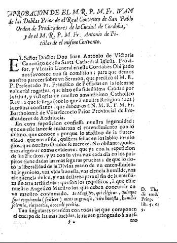Aprobacion de el M.R.P. M. Fr. Ivan de las Doblas Prior de el Real Convento de San Pablo Orden de Predicadores de la Ciudad de Cordoba, y de el M.R.P.M.Fr. Antonio de Pitillas de el mismo convento.