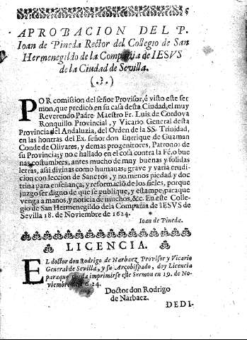 Aprobación del P. Ioan de Pineda Rector del Collegio de san Hermenegildo de la Compañia de Iesus de la ciudad de Sevilla.