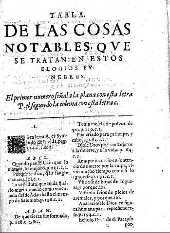 Tabla de las cosas notables, que se tratan en estos elogios funebres