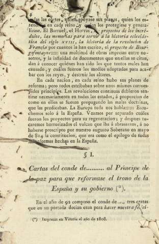 Ss. I. Cartas del conde de.......... al Príncipe de la paz ...