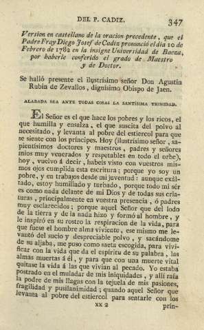 Version en castellano de la oracion precedente, que el Padre Fray Diego Josef de Cadiz pronunció el dia 10 de Febreri de 1782 ...