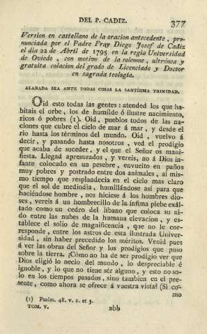 Version en castellano de la oracion antecedente, pronunciada por el Padre Fray Diego Josef de Cadiz el dia 22 de Abril de 1795 ...