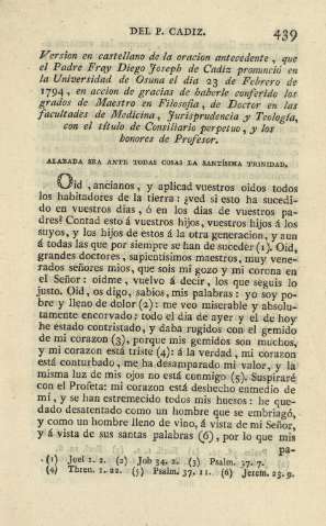 Version en castellano de la oracion antecedente, que el Padre Fray Diego Joseph de Cadiz pronunció en la Universidad de Osuna ...